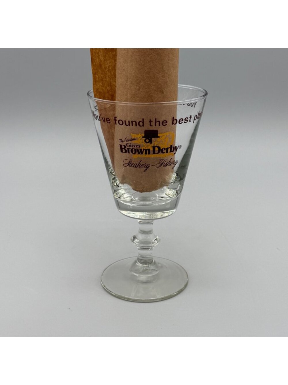 Vintage Brown Derby Steakery-Fishery Wine Glass 6.5" Clear With Logo